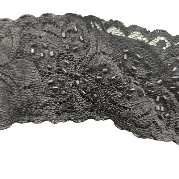 Laura Plus Petites Solid Black Color Lace Trim with Sewn on Beads Square Necklin - Picture 4 of 8